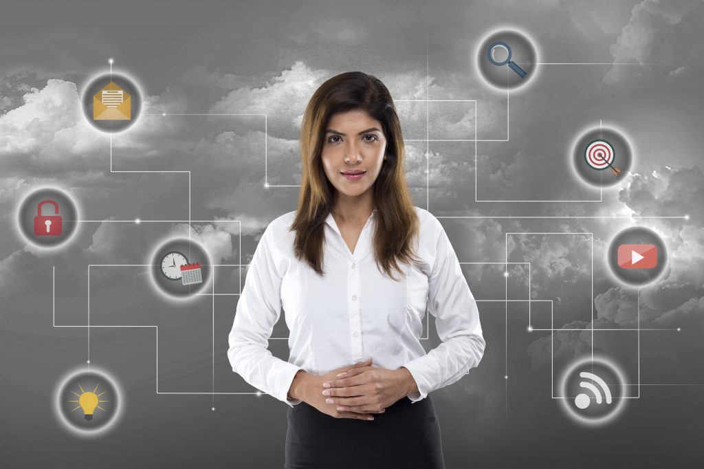 Woman in front of grey background and white grid connected to various icons