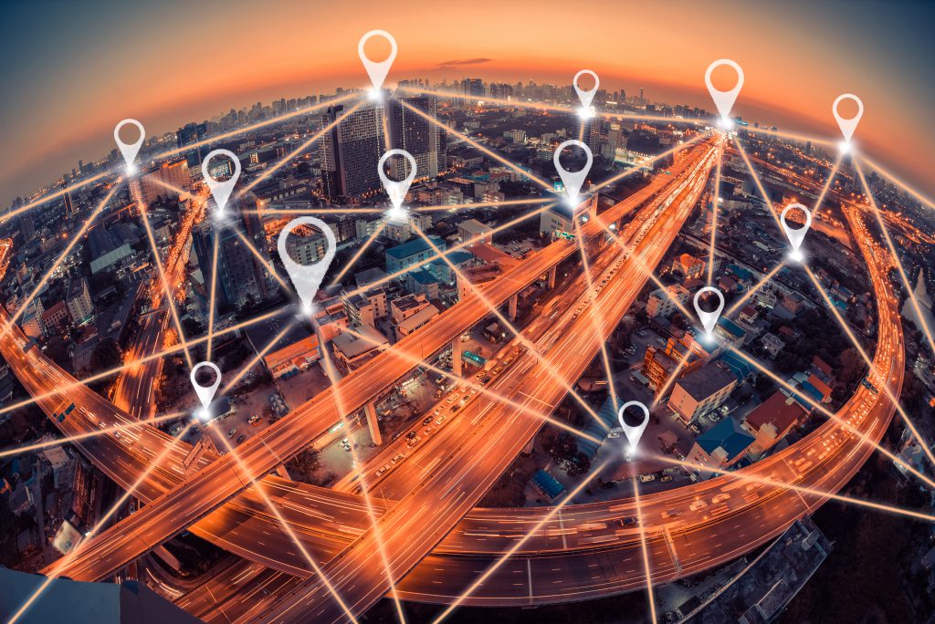 Electronic grid covering targets over a city and freeway system