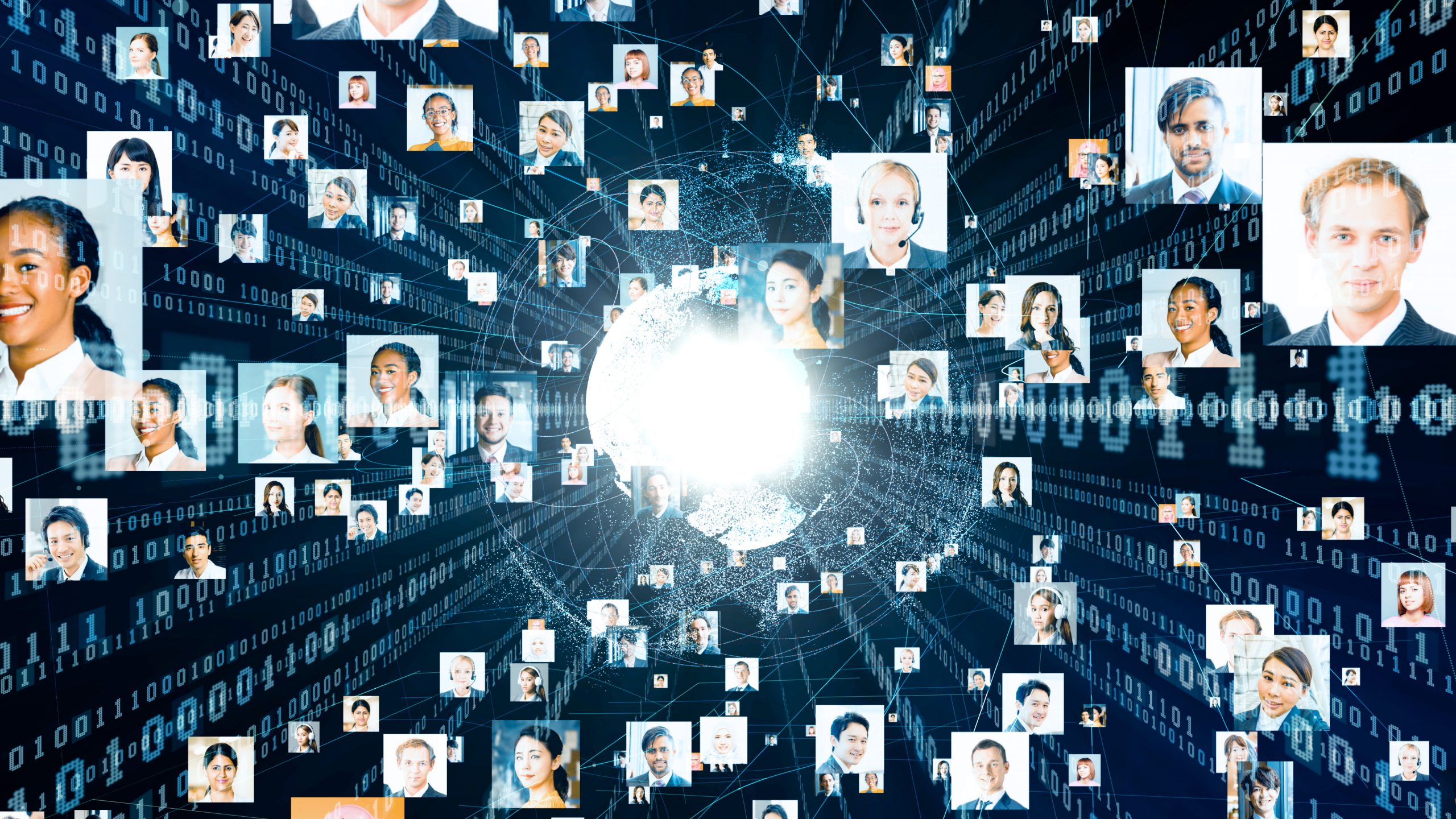 Many pictures of faces connected together in a digital network.