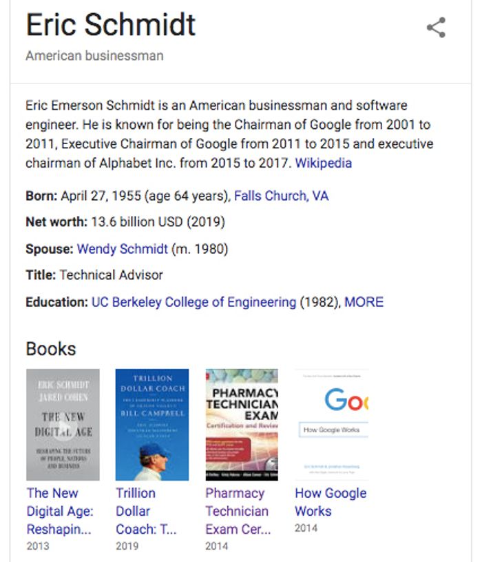 Knowledge panel for former Google CEO Eric Schmidt, showing book written by someone else.
