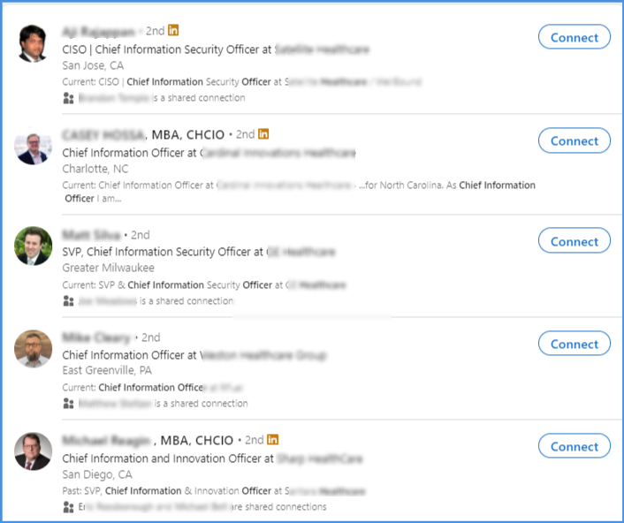 Screenshot of LinkedIn search results for chief of information security. 